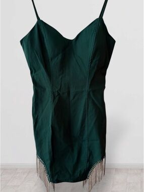 : Trendy Forest Green Bodycon Dress with Metallic Chain Fringe Detail